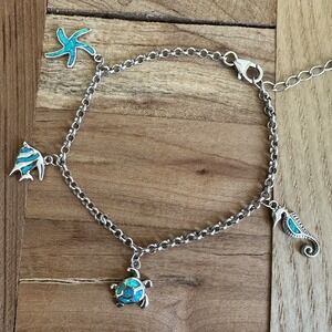 Charm Chain Link Bracelet 7.5 Adjustable Lab Opal Sealife Fish 925 Sterling 7.8g